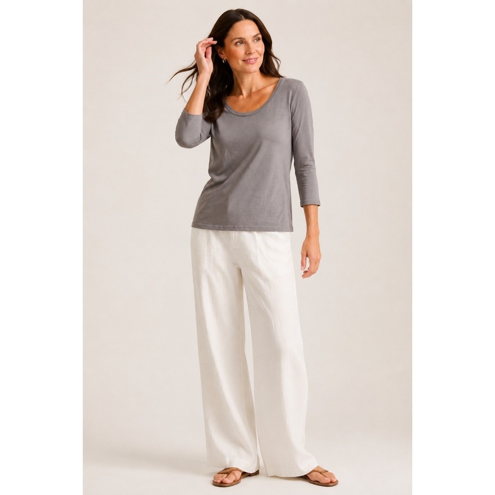 Garnet Hill Linen Modal Scoop Neck Top Gray 3/4 Sleeve Lightweight Womens S